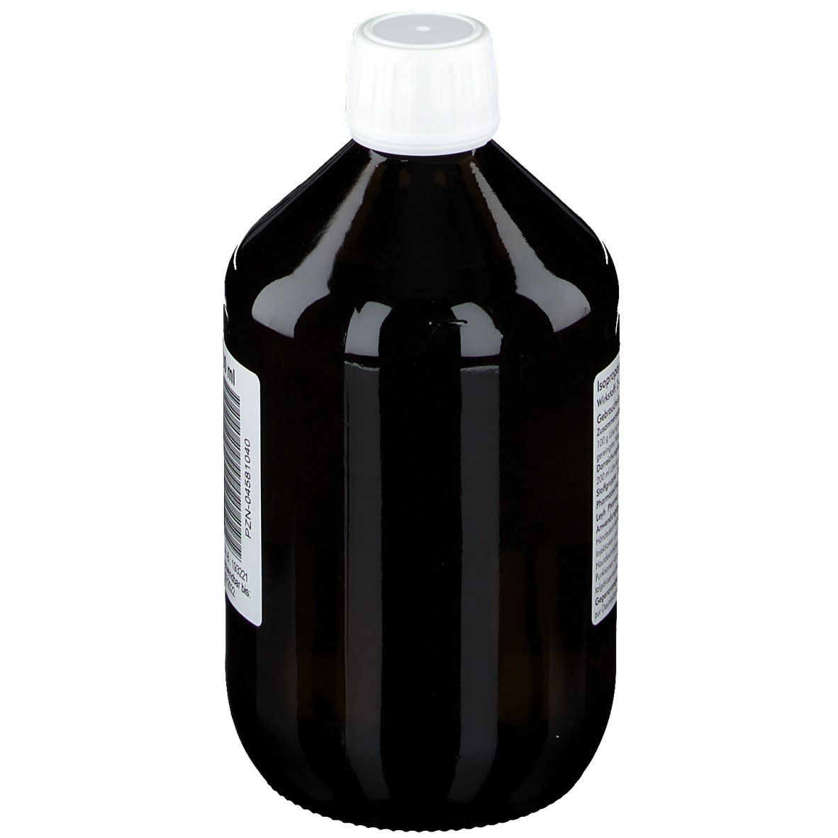 Braune Flasche mit weißem Verschluss. Etikett mit Produktinformationen.