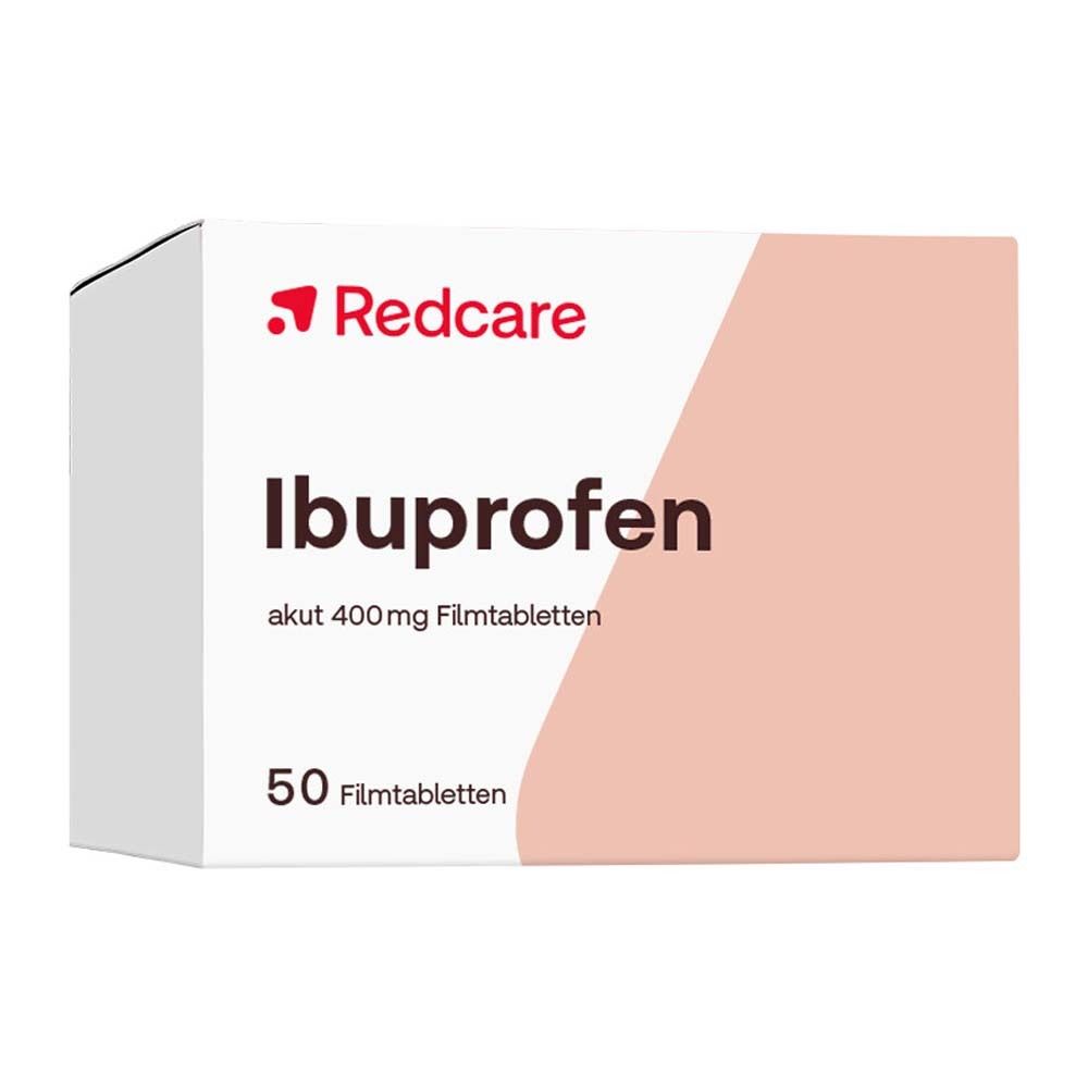 Schachtel mit Redcare Ibuprofen akut 400 mg Filmtabletten. Weiß, mit rosa Akzent. Text: Ibuprofen, 50 Filmtabletten.