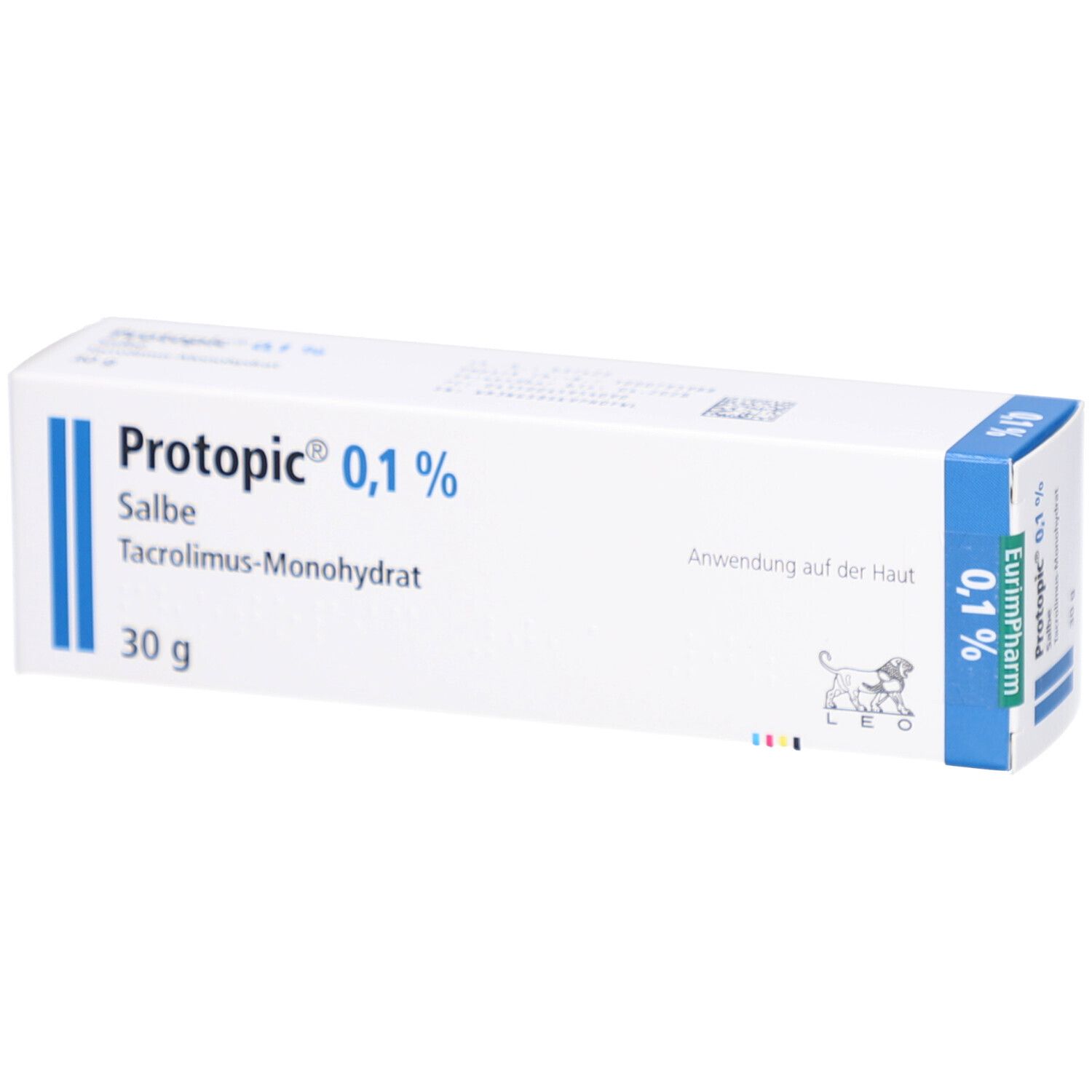 Weiße Faltschachtel mit blauer Schrift. Aufdruck: Protopic 0,1% Salbe, Tacrolimus-Monohydrat, 30 g. Auf der Seite: 0,1%.