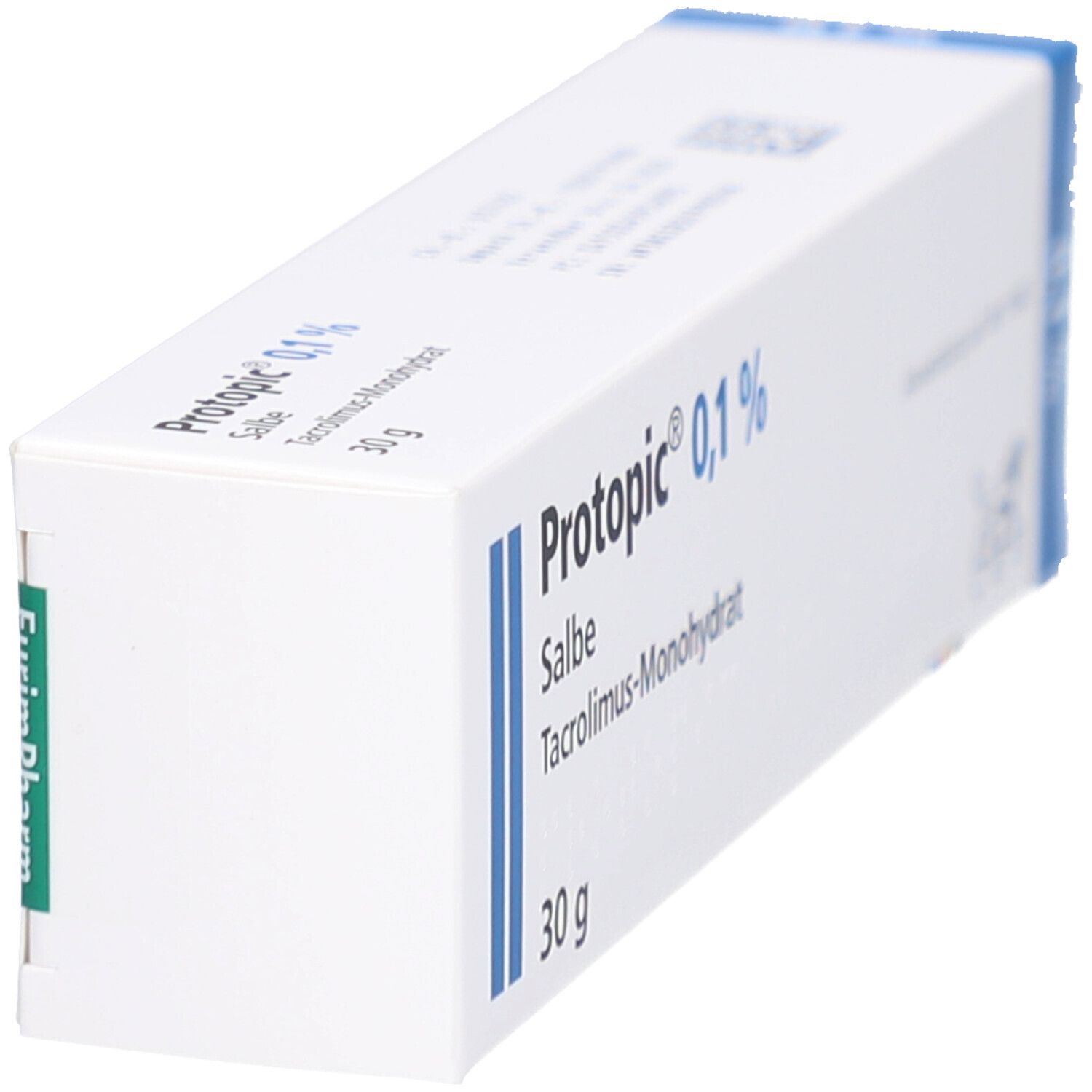Weiße Faltschachtel, schräg von vorne. Aufdruck: Protopic 0,1% Salbe, Tacrolimus-Monohydrat, 30 g. Blaue Streifen.