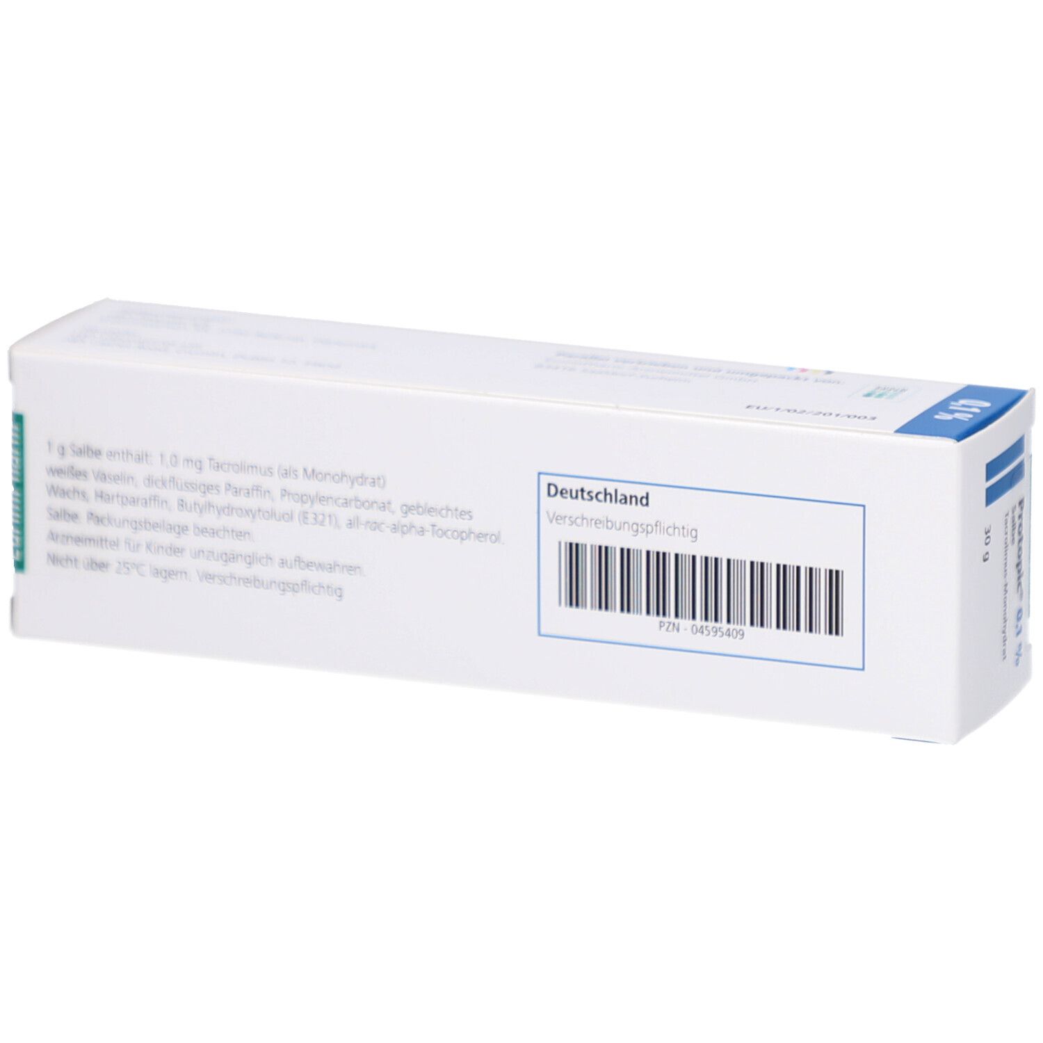 Rückseite der weißen Faltschachtel. Text: Inhaltsstoffe, Deutschland, Verschreibungspflichtig. Barcode.