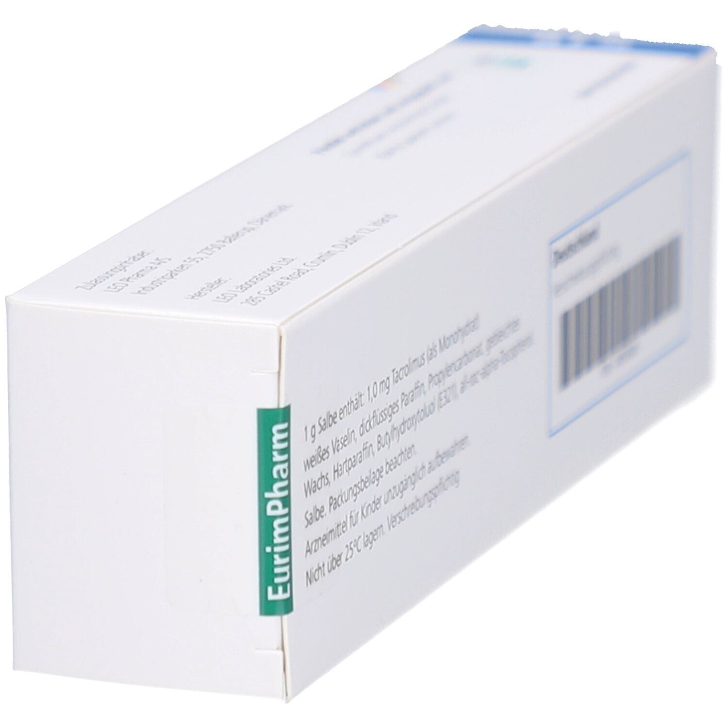 Weiße Faltschachtel, schräg von der Seite. Text: Inhaltsstoffe, Deutschland, EurimPharm. Grüner Aufkleber.
