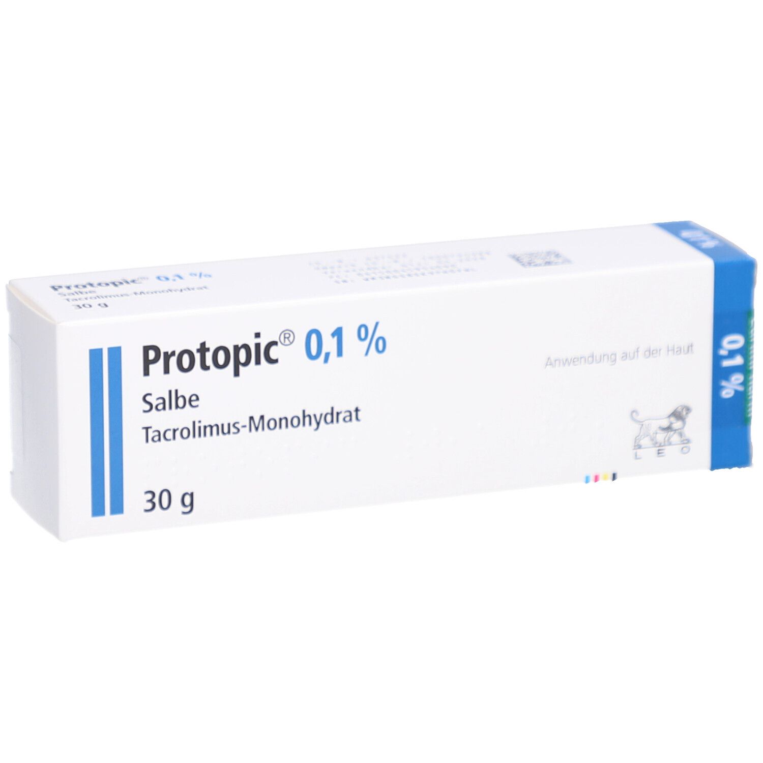 Weiße Faltschachtel mit blauer Schrift. Aufdruck: Protopic 0,1% Salbe, Tacrolimus-Monohydrat, 30 g. Auf der Seite: 0,1%.