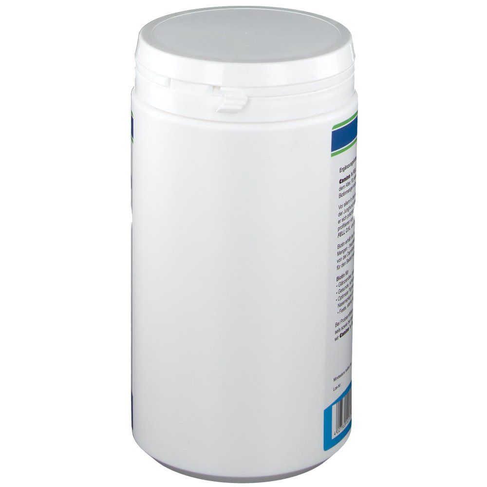 Weiße Dose mit blau-weißem Etikett. Aufschrift: Informationen. Deckel und Dose aus Kunststoff.