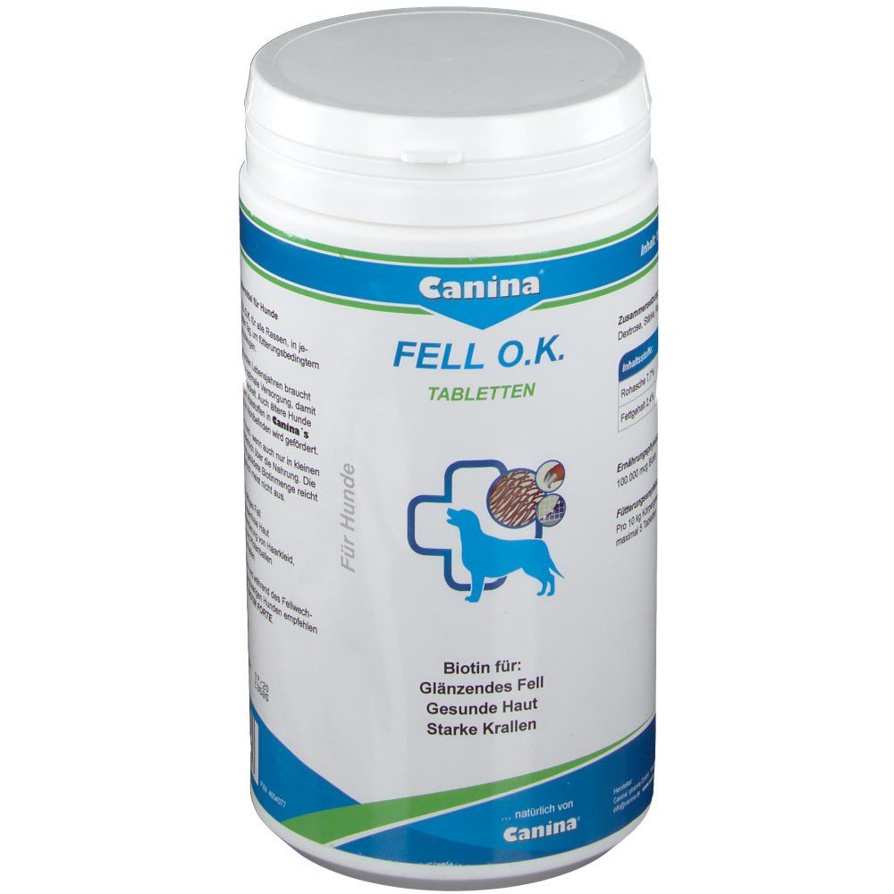 Weiße Dose mit blau-weißem Etikett. Aufschrift: Canina Fell O.K. Tabletten. Illustration eines Hundes und Informationen zu Inhaltsstoffen.