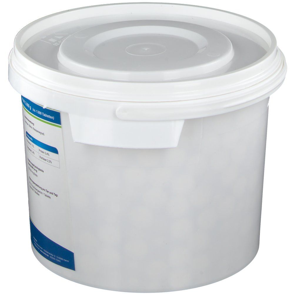 Weißer Eimer mit Deckel. Seitlich Etikett mit Text. Aufschrift: Canina FELL O.K. Tabletten. Inhalt: 2.000 g. Für Hunde.