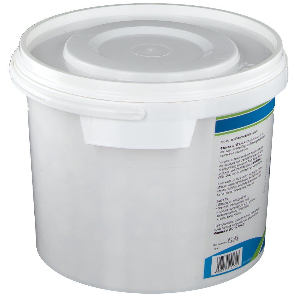 Weißer Eimer mit Deckel. Seitlich Etikett mit Text. Aufschrift: Canina FELL O.K. Tabletten. Für Hunde. Inhalt: 2.000 g.