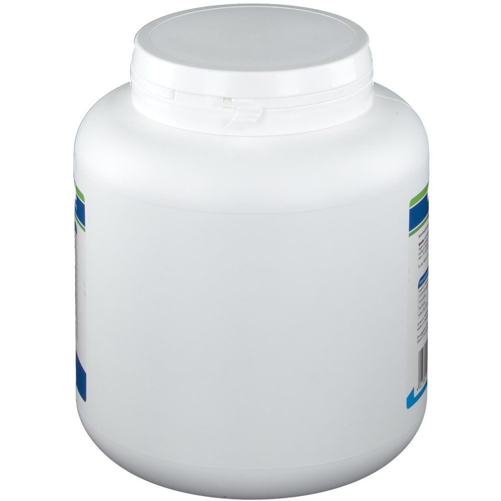 Weiße Dose, Seitenansicht. Blau-grüne Beschriftung am Rand. Deckel oben. Keine weiteren Details erkennbar.