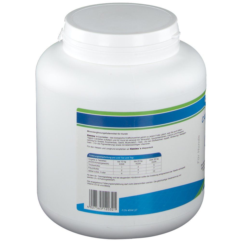 Weiße Dose, Rückseite mit blau-grüner Beschriftung. Text: Mineralfutter für Hunde. Fütterungsempfehlung. Barcode.