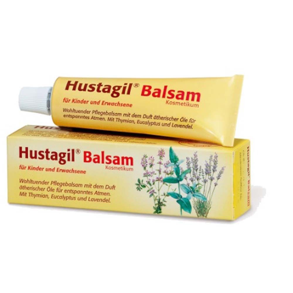 Hustagil® Balsam-Tube und Schachtel. Gelbe Tube und Schachtel mit Produktnamen und Text.