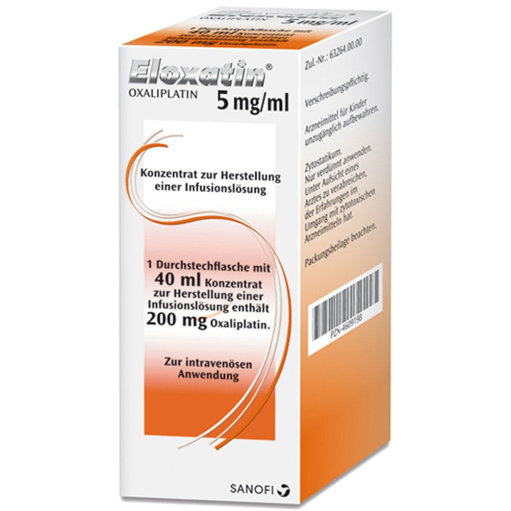 Eloxatin 5 mg/ml. Konzentrat zur Herstellung einer Infusionslösung. 40 ml Durchstechflasche. Sanofi-Verpackung.