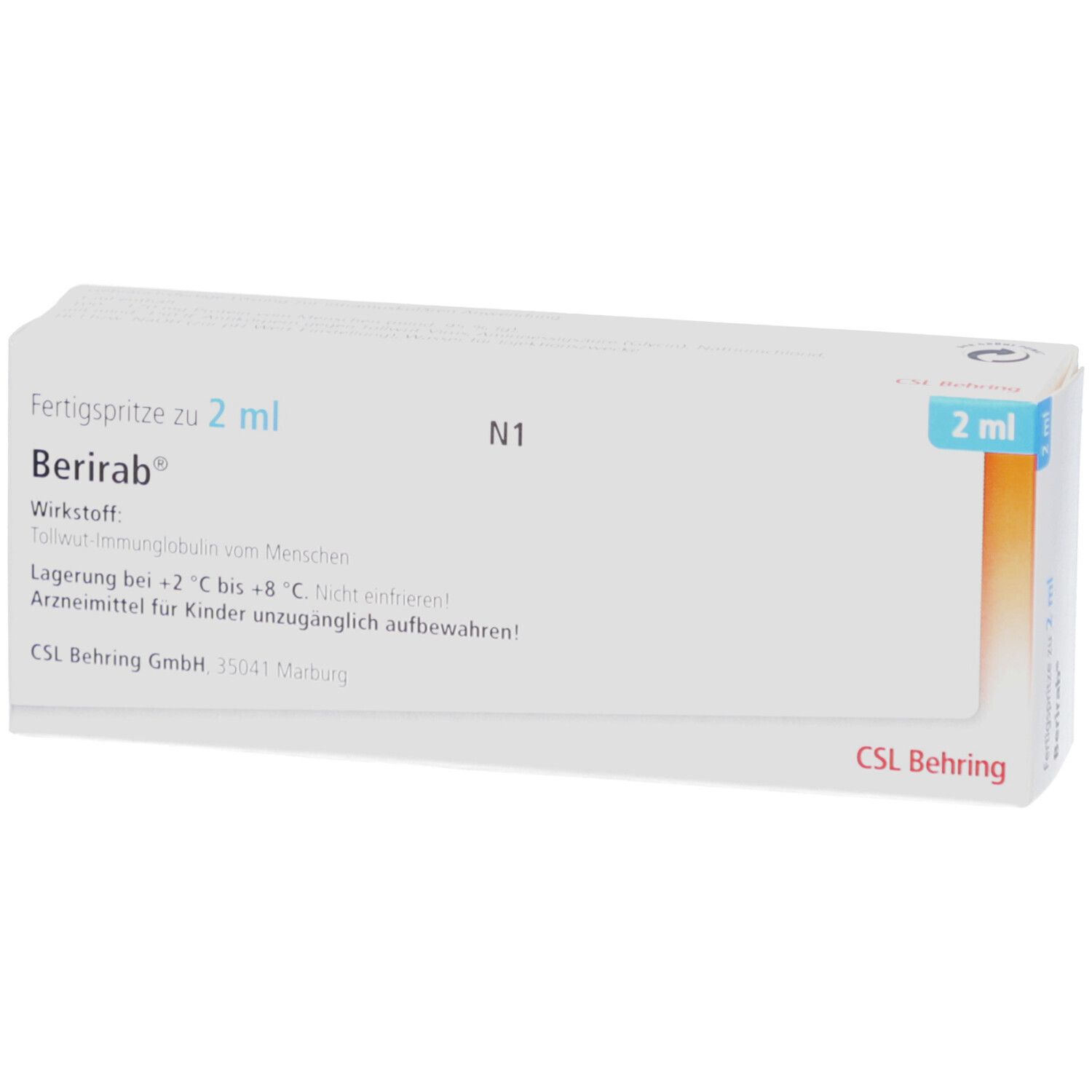Weiße Schachtel mit Produktinformationen. Aufschrift: Berirab, Fertigspritze zu 2 ml. CSL Behring Logo.