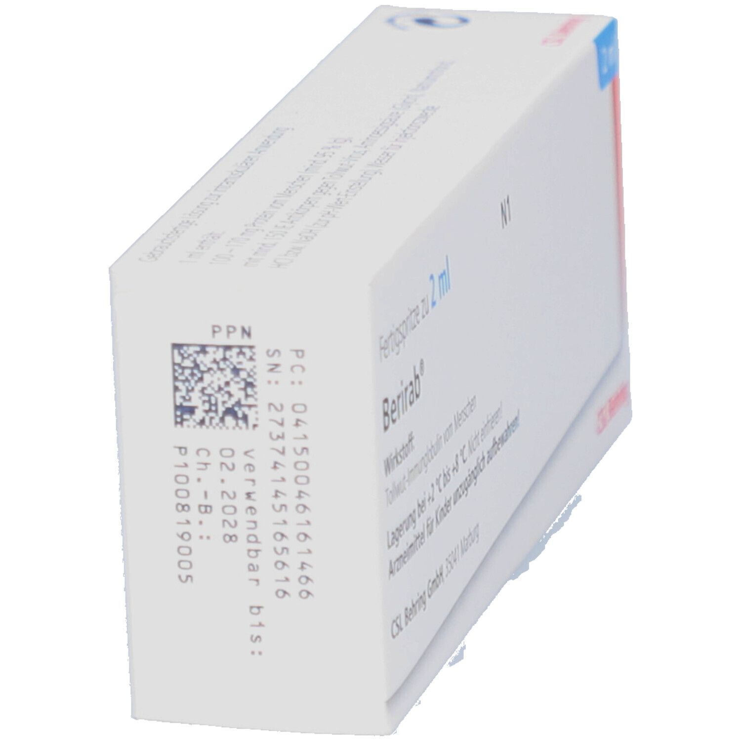 Schachtel mit Produktinformationen. Aufschrift: Berirab, Fertigspritze zu 2 ml. Barcode und Verfallsdatum.