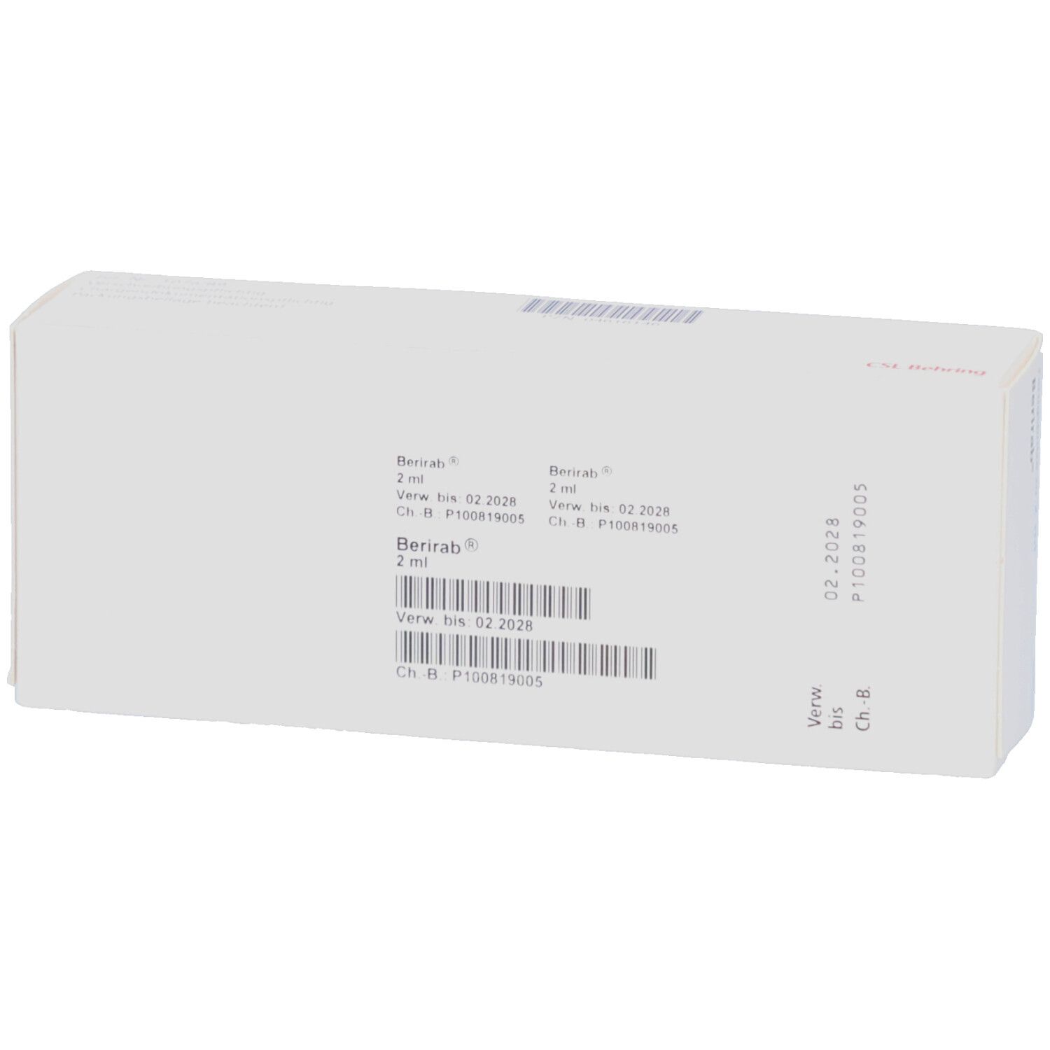 Weiße Schachtel mit Produktinformationen. Aufschrift: Berirab, 2 ml. Verfallsdatum und Chargennummer.