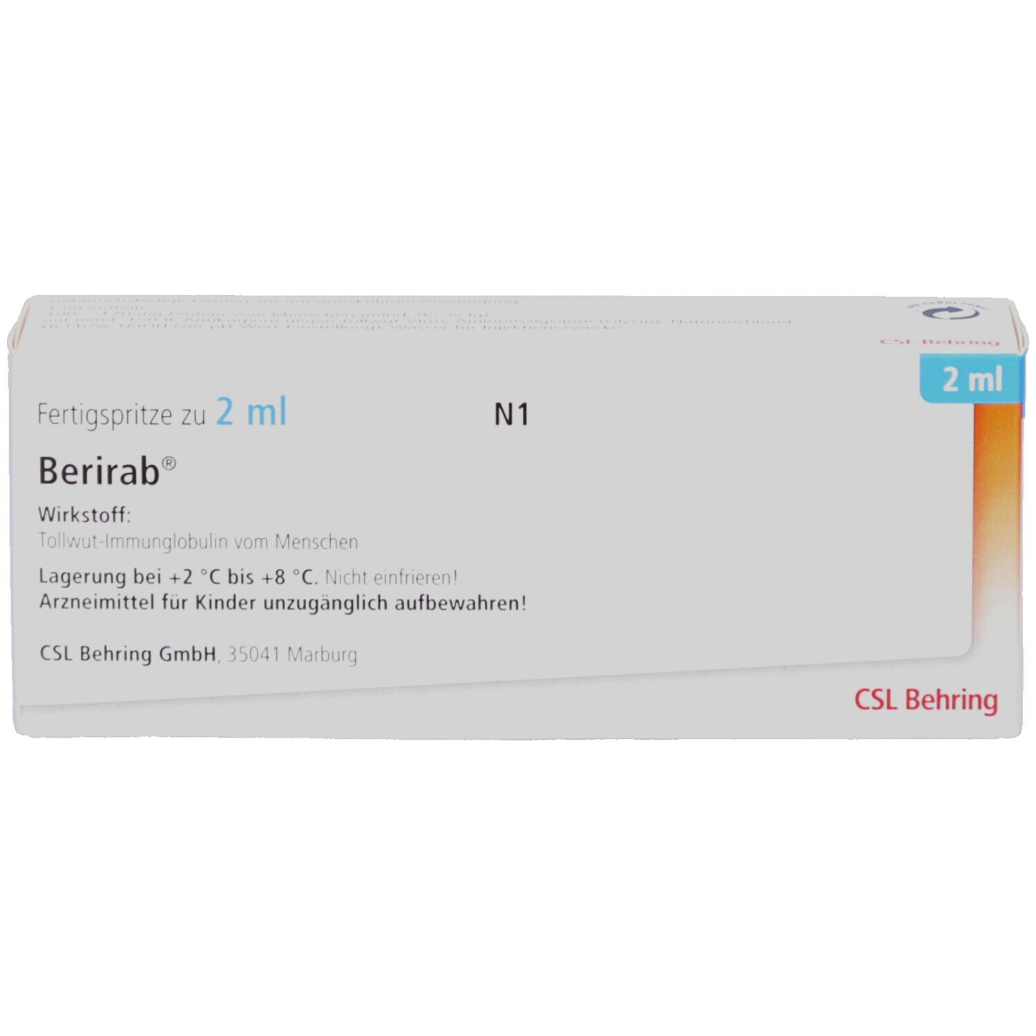 Weiße Schachtel mit Produktinformationen. Aufschrift: Berirab, Fertigspritze zu 2 ml. CSL Behring Logo.