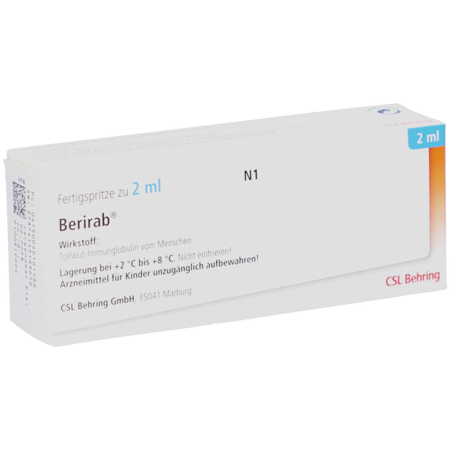 Weiße Schachtel mit Produktinformationen. Aufschrift: Berirab, Fertigspritze zu 2 ml. CSL Behring Logo.