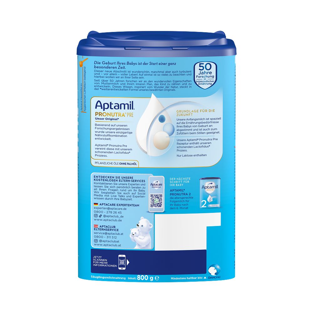 Rückseite der Aptamil Pronutra Pre Dose. Text, Logo, QR-Code und Produktabbildungen.