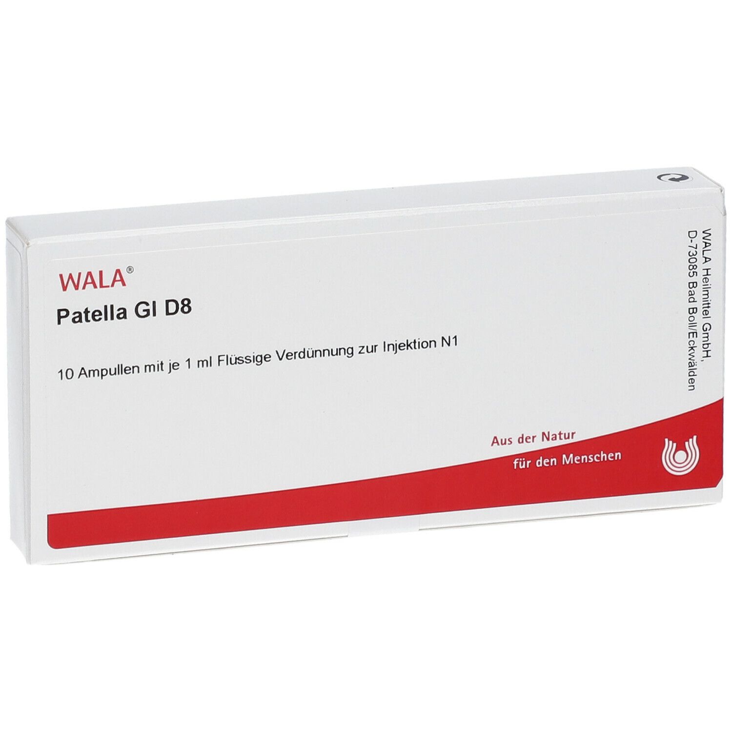 Weiße Schachtel mit rotem Streifen. Aufschrift: WALA Patella Gl D8, 10 Ampullen. Text: Aus der Natur für den Menschen.