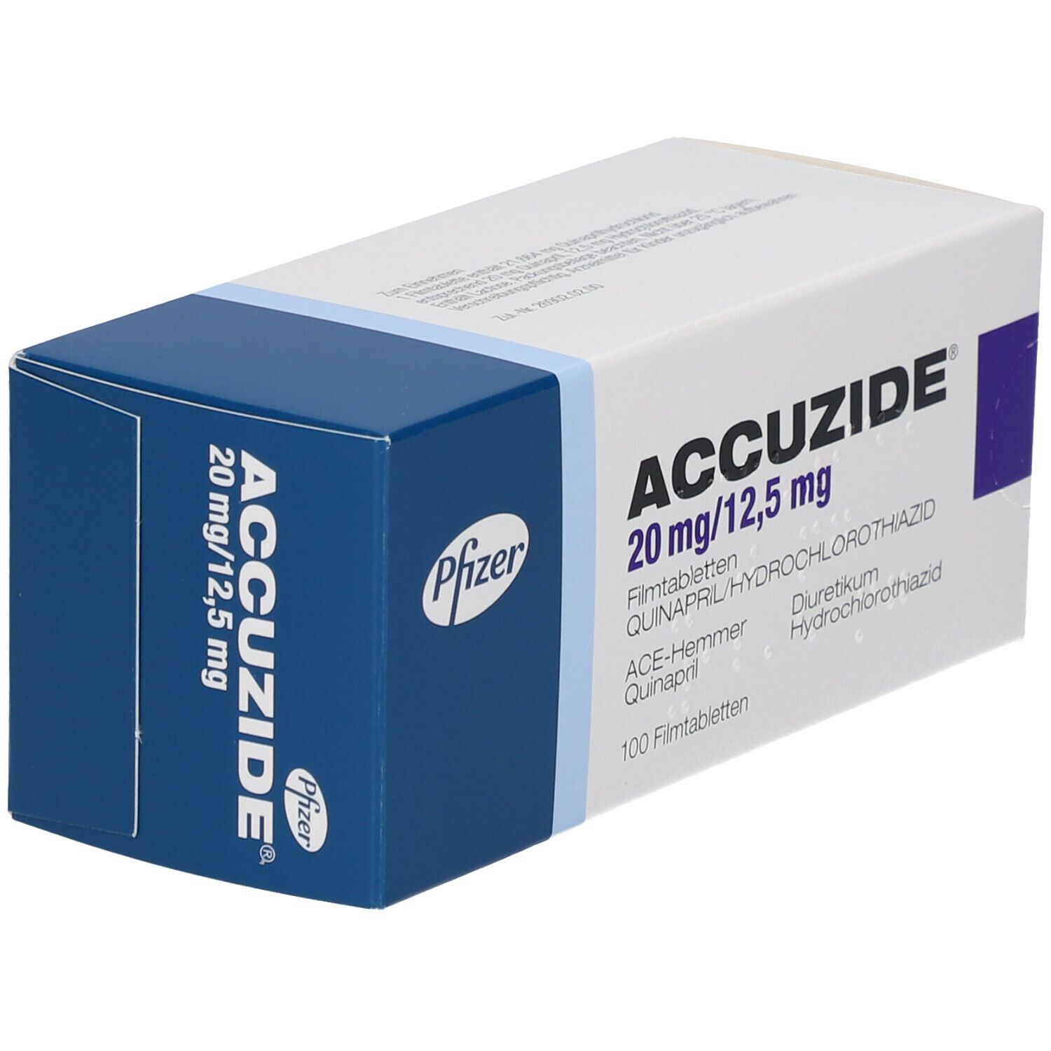 Accuzide-Packung, 20 mg/12,5 mg. Weiß-blaue Schachtel mit Produktnamen, Dosierung und Inhaltsstoffen. Pfizer-Logo.