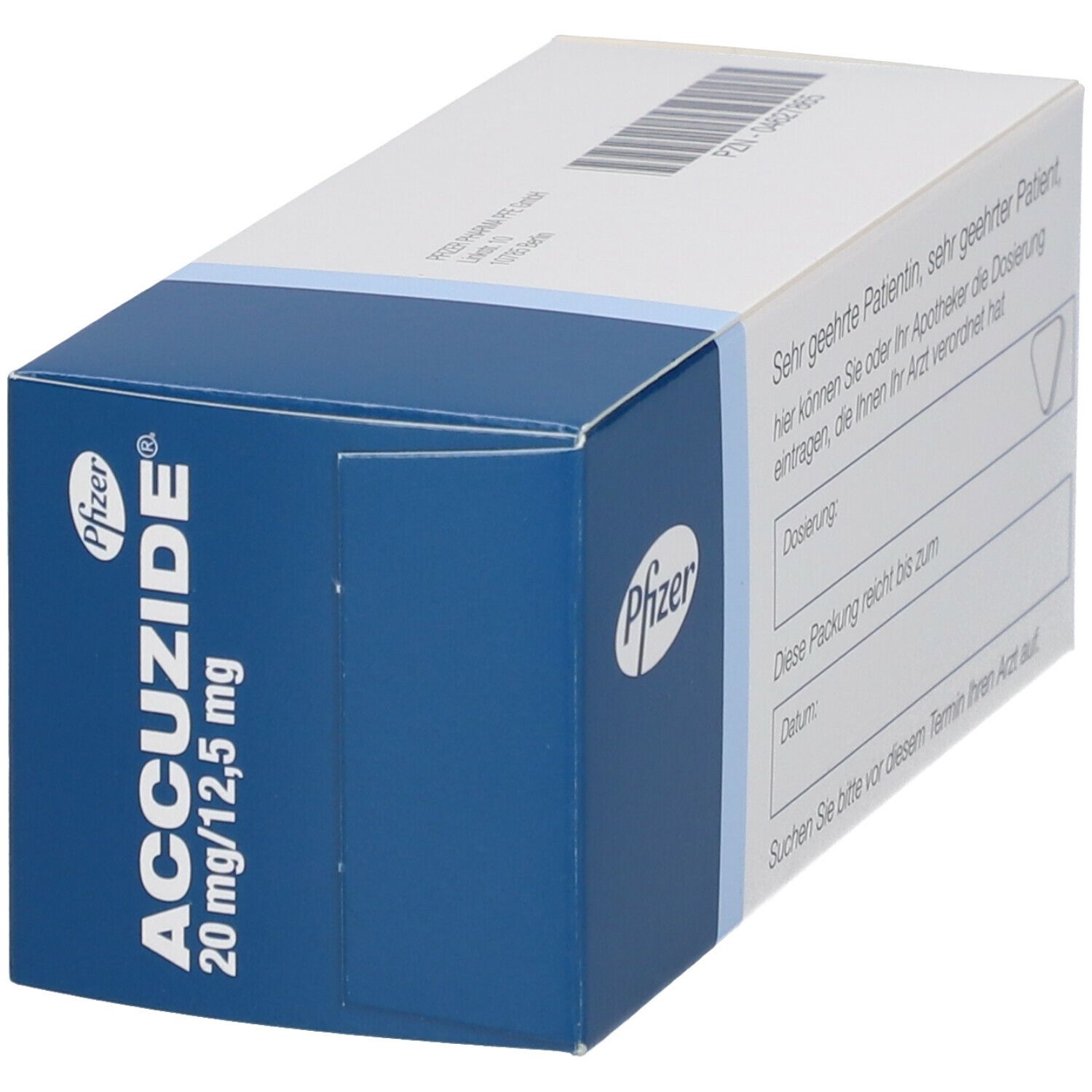 Accuzide-Packung, 20 mg/12,5 mg. Weiß-blaue Schachtel mit Produktnamen und Pfizer-Logo. Rückseite mit Informationen.