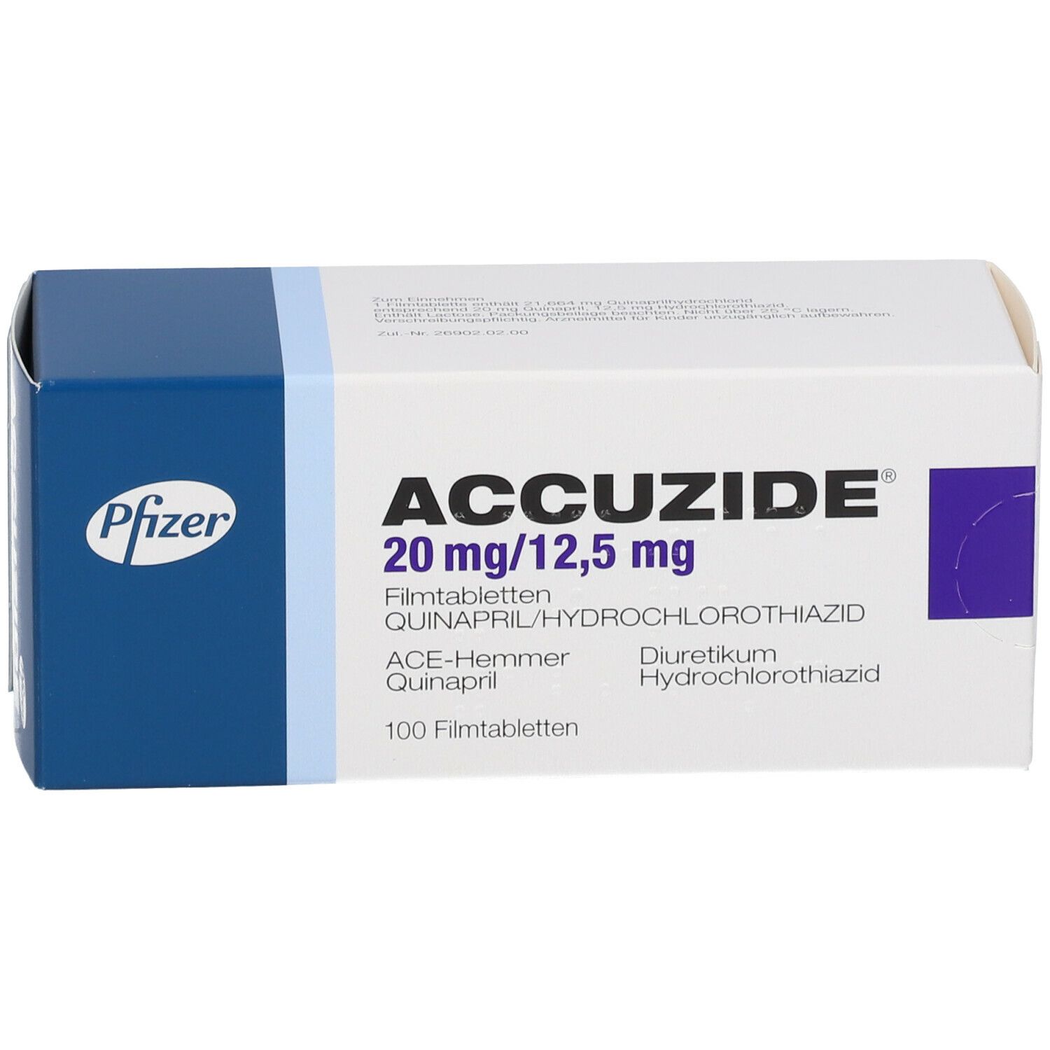 Accuzide 20 mg/12,5 mg Filmtabletten-Packung. Weiß-blaue Schachtel mit Produktnamen, Dosierung und Inhaltsstoffen. Pfizer-Logo.