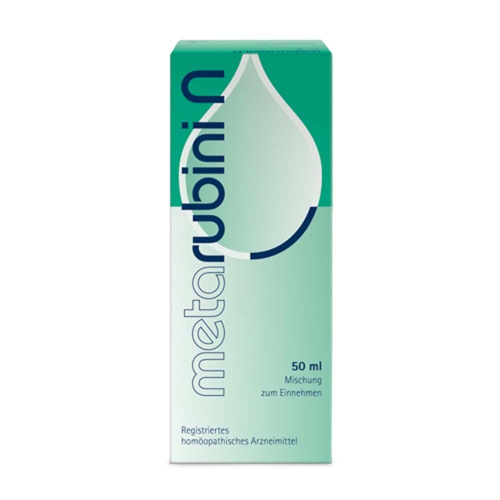 Grün-weiße Schachtel mit Produktnamen und Tropfen-Design. 50 ml. Homöopathisches Arzneimittel.