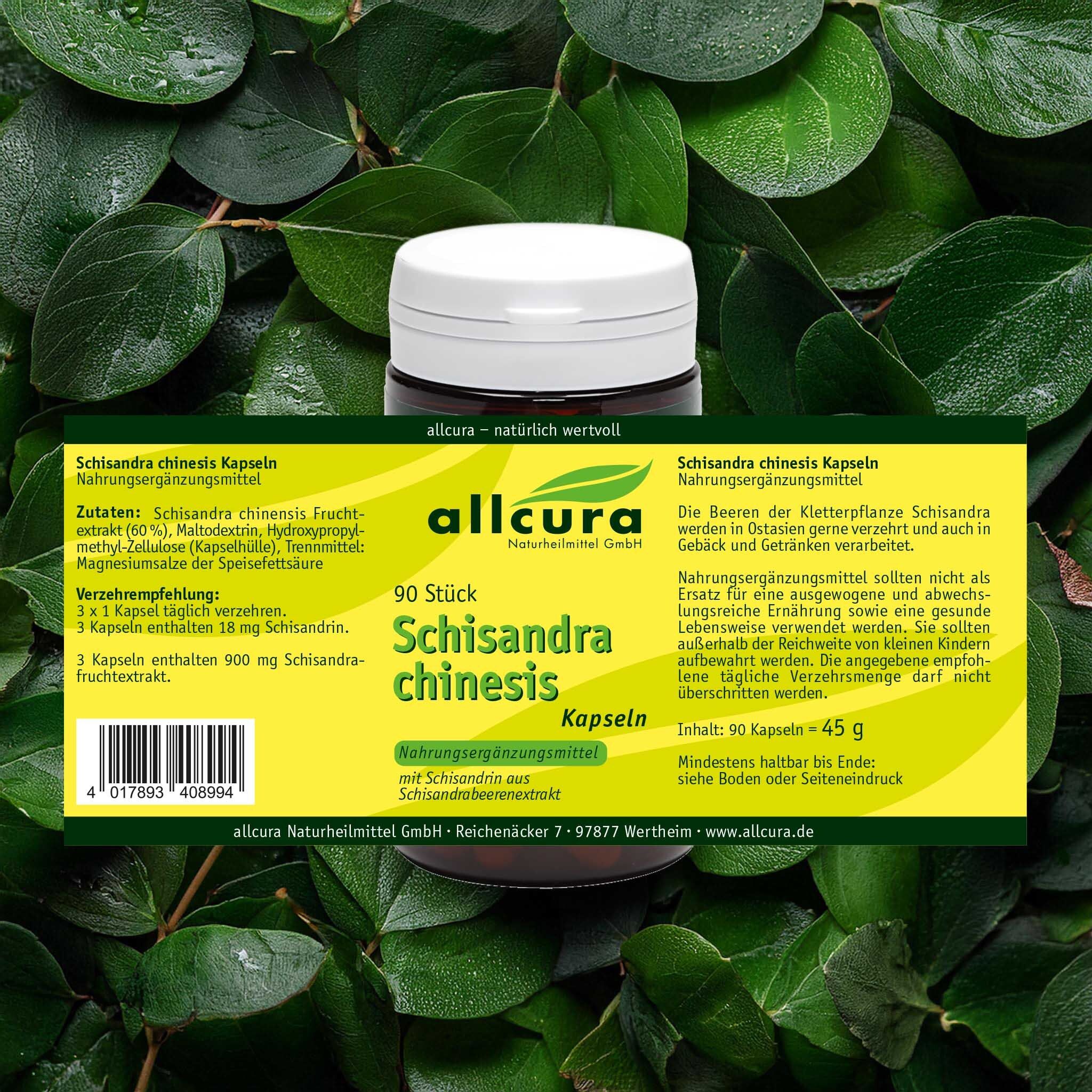 Braune Dose mit weißem Deckel, umgeben von Blättern. Aufschrift: allcura Schisandra chinensis Kapseln, 90 Stück.