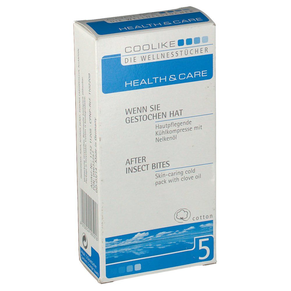 Verpackung mit Coolike Insektentücher. Weiße Schachtel mit blauen Akzenten und Text. Enthält 5 Tücher.