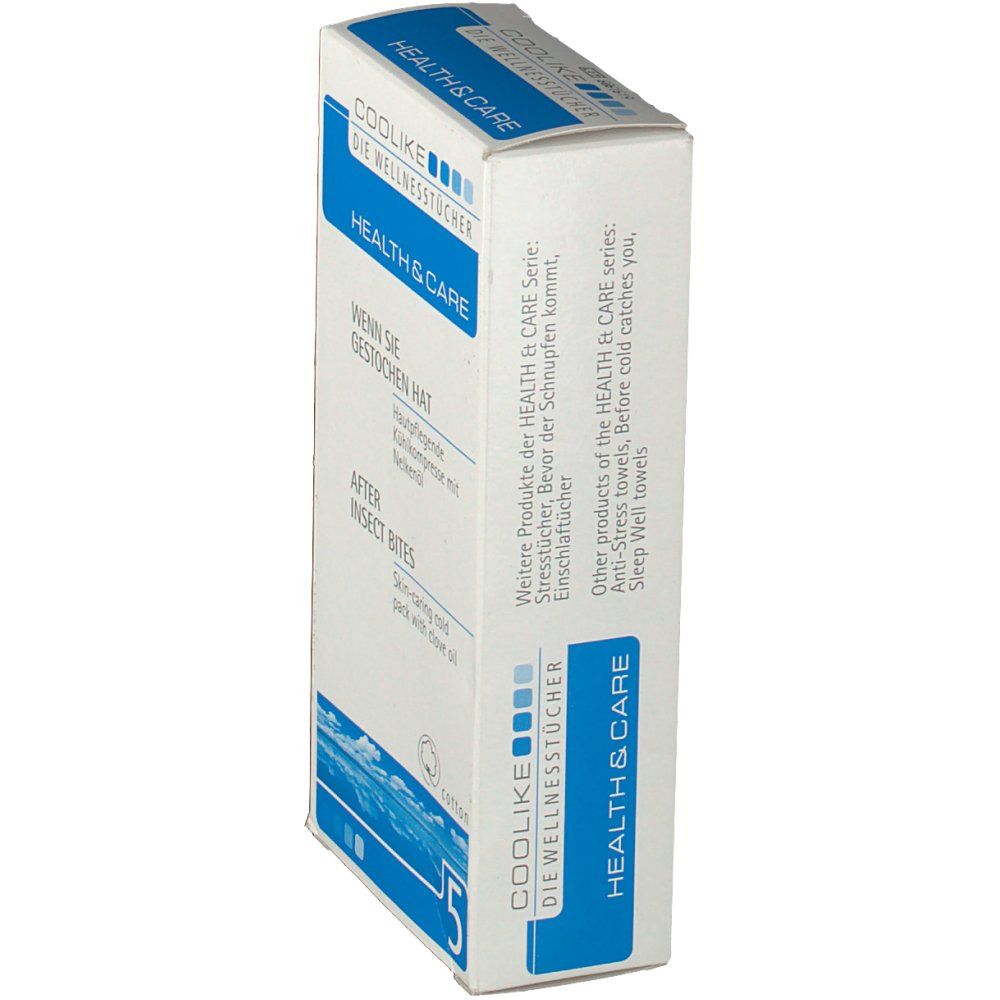 Schachtel Coolike Insektentücher, schräg. Weiß mit blauen Akzenten. Text: Health & Care, After Insect Bites, 5 Tücher.