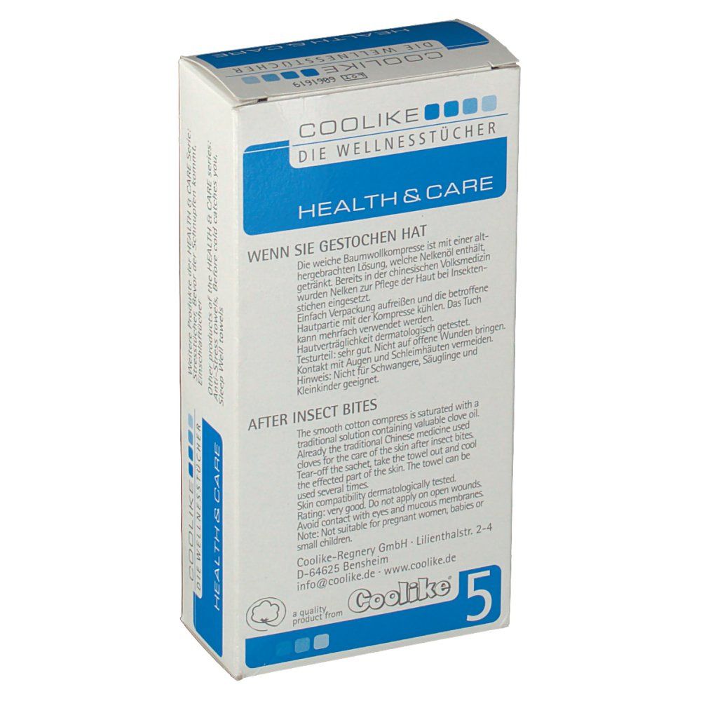 Rückseite der Coolike Insektentücher Verpackung. Text in Deutsch und Englisch. Enthält 5 Tücher.