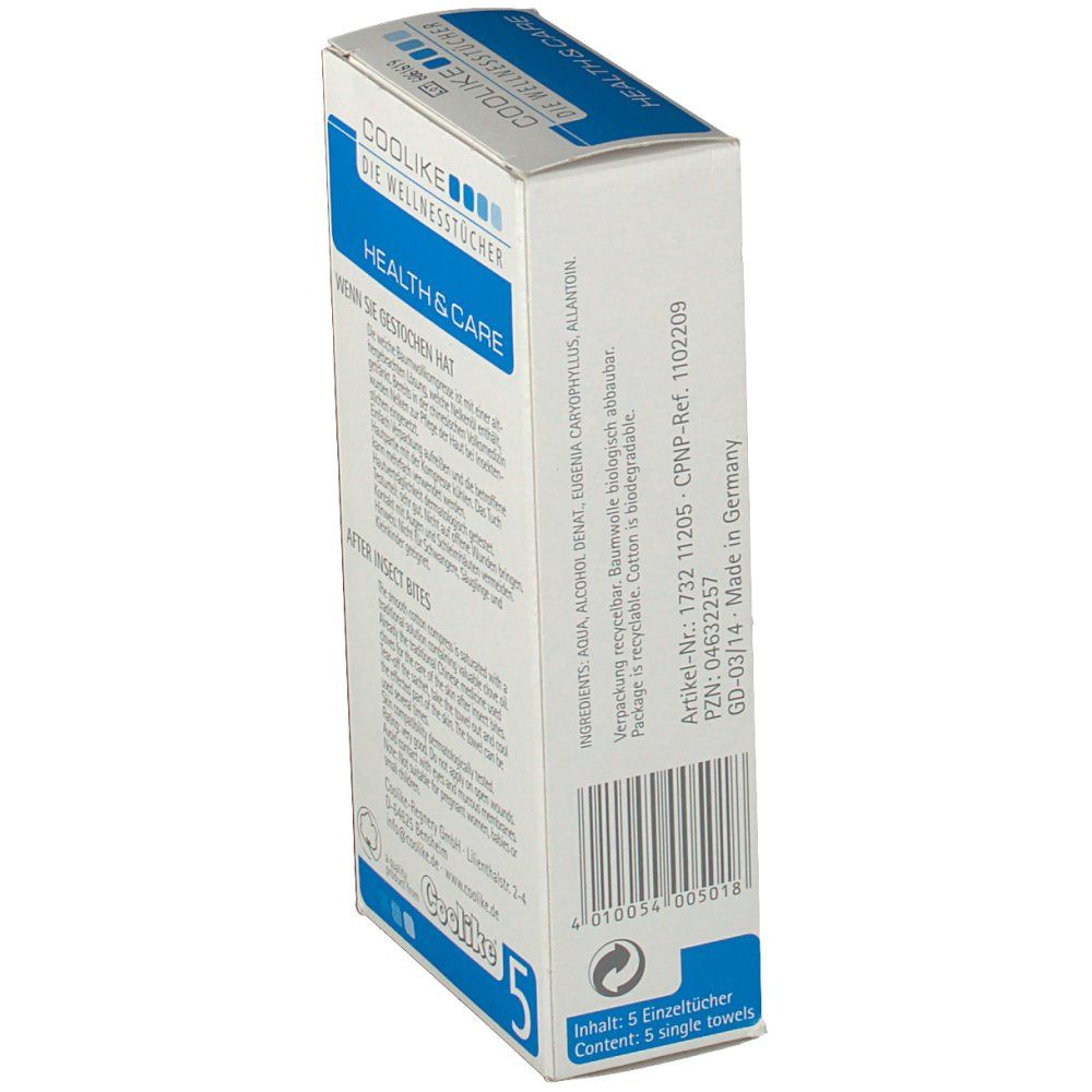 Seite der Coolike Insektentücher Verpackung. Inhaltsstoffe, Artikelnummer, Herstellerinformationen. 5 Tücher.