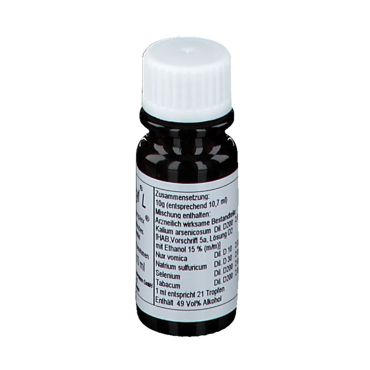 Braune Glasflasche mit weißem Deckel. Aufschrift: Niko-cyl L, Ho-Len-Complex, homöopathisches Arzneimittel. Enthält 10g. 10 ml.