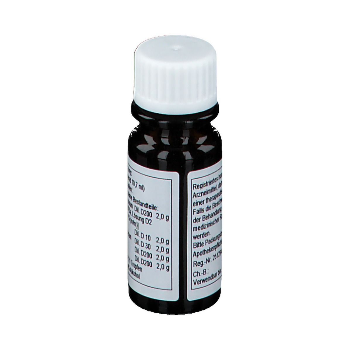 Braune Glasflasche mit weißem Deckel. Aufschrift: Niko-cyl L, Ho-Len-Complex, homöopathisches Arzneimittel. Enthält Inhaltsstoffe.