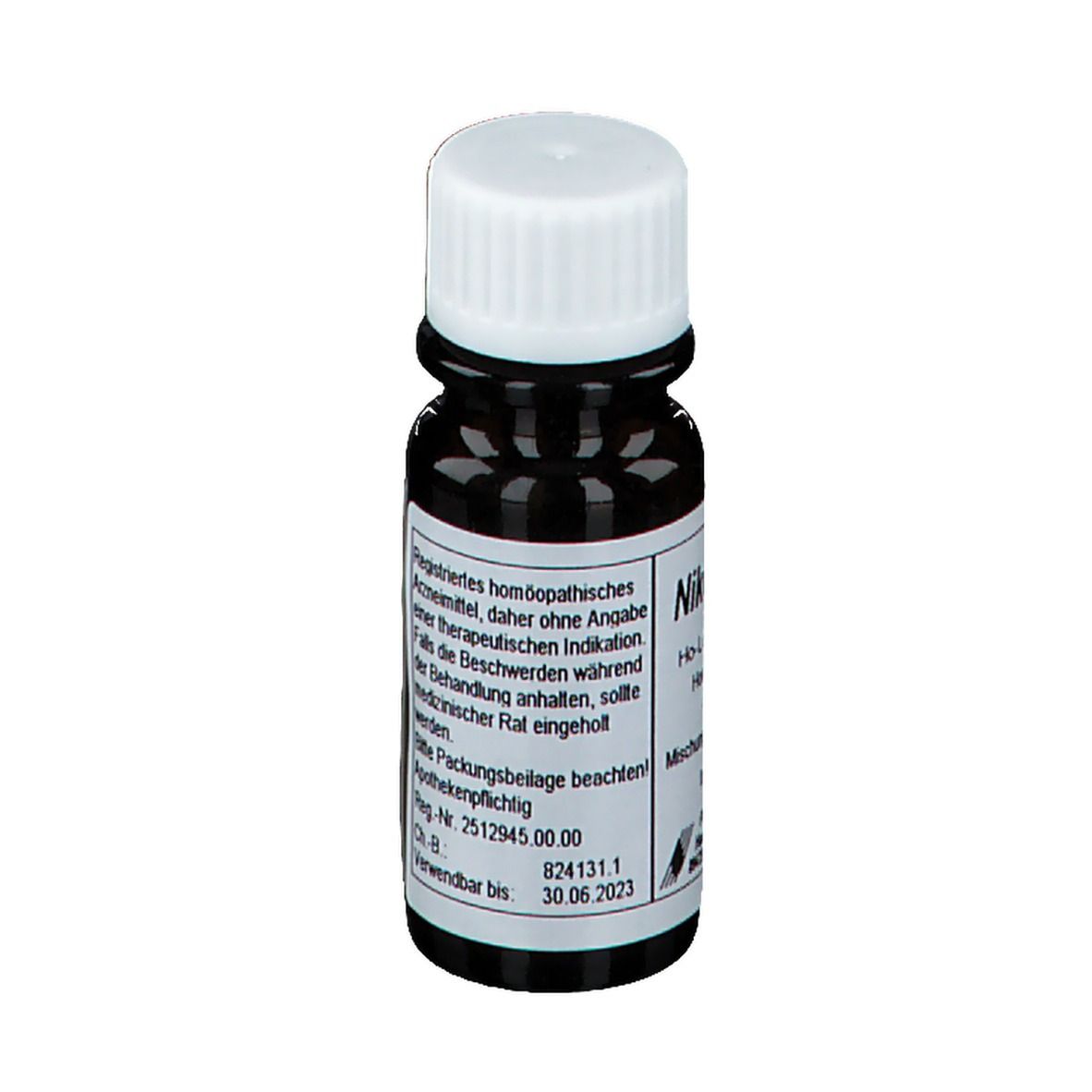 Braune Glasflasche mit weißem Deckel. Aufschrift: Niko-cyl L, Ho-Len-Complex, homöopathisches Arzneimittel. Registriernummer.