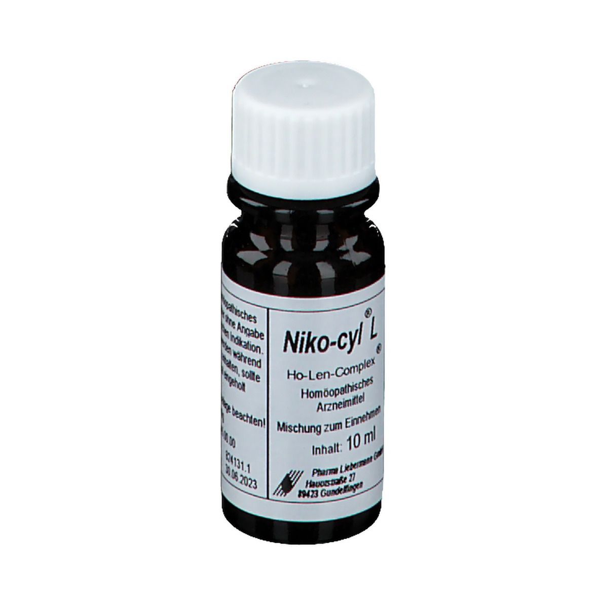 Braune Glasflasche mit weißem Deckel. Aufschrift: Niko-cyl L, Ho-Len-Complex, homöopathisches Arzneimittel. Inhalt: 10 ml.