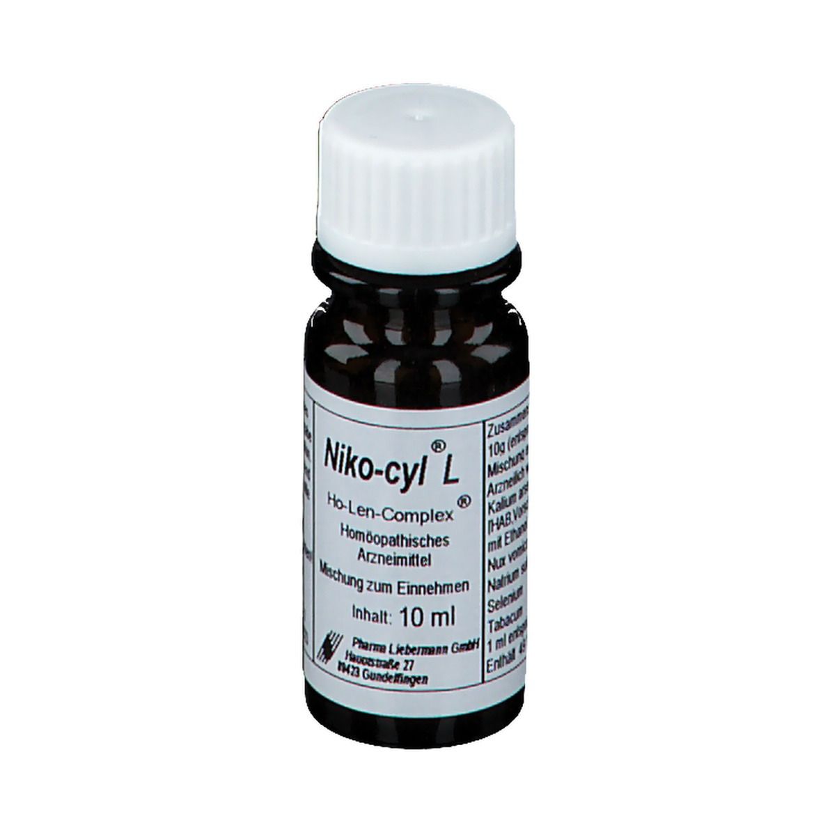 Braune Glasflasche mit weißem Deckel. Aufschrift: Niko-cyl L, Ho-Len-Complex, homöopathisches Arzneimittel. Inhalt: 10 ml.