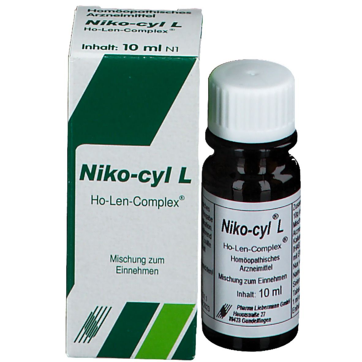 Niko-cyl L Flasche und Verpackung. Aufschrift: Ho-Len-Complex, homöopathisches Arzneimittel. Inhalt: 10 ml.