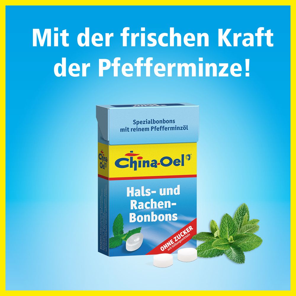 China-Oel® Hals- und Rachenbonbons. Verpackung mit Logo, Produktbezeichnung und Pfefferminze-Motiv. Text: Mit der frischen Kraft der Pfefferminze!