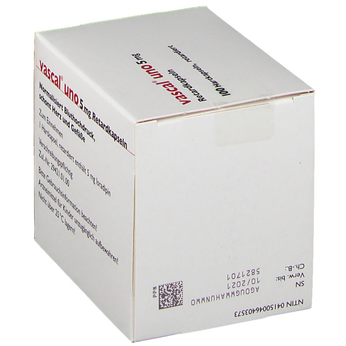 Weiße Faltschachtel mit Aufdruck: vascal uno 5 mg. Rückseite mit Text und Barcode. Enthält 100 Retardkapseln.