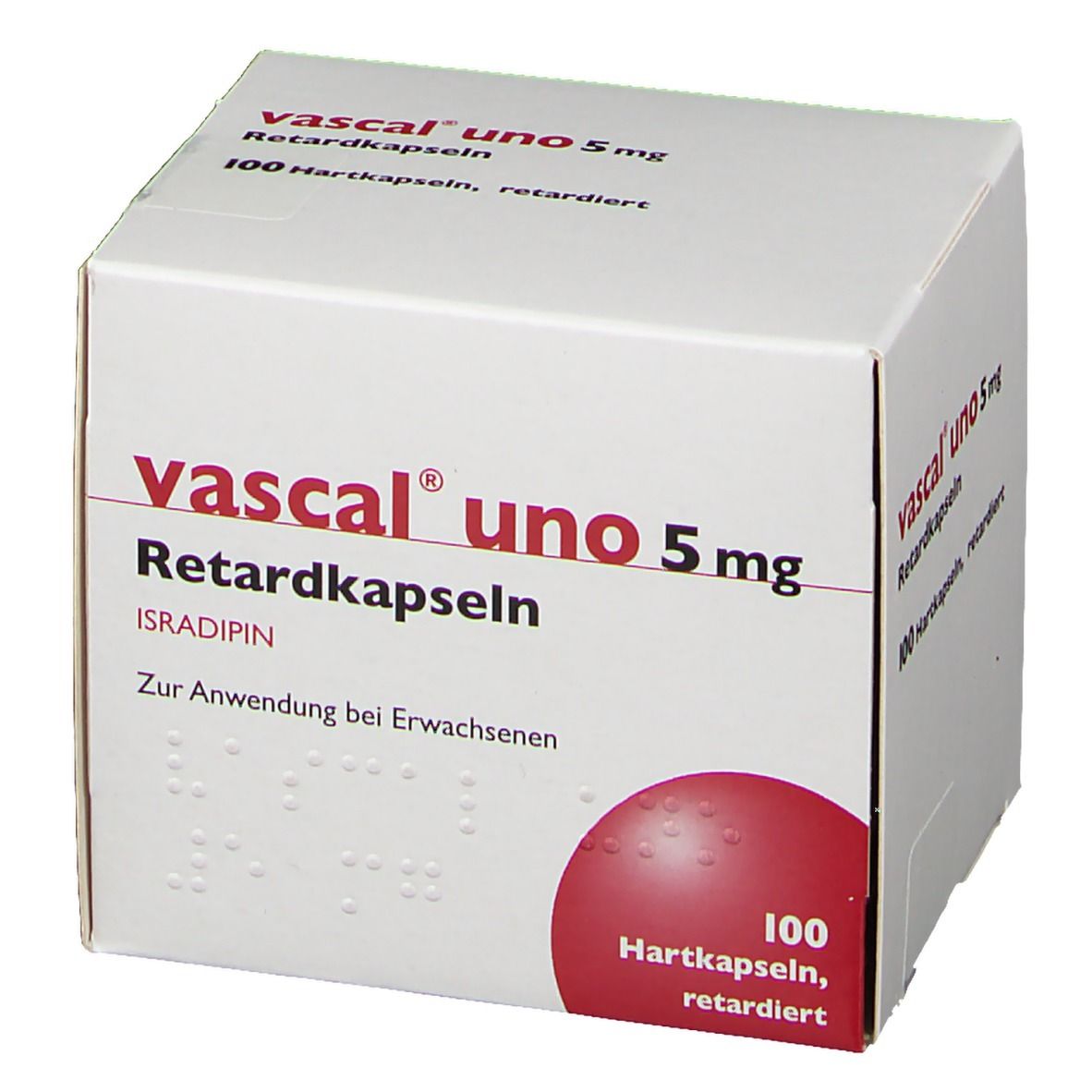 Weiße Faltschachtel mit rotem Kreis. Aufdruck: vascal uno 5 mg, Retardkapseln, 100 Stück.