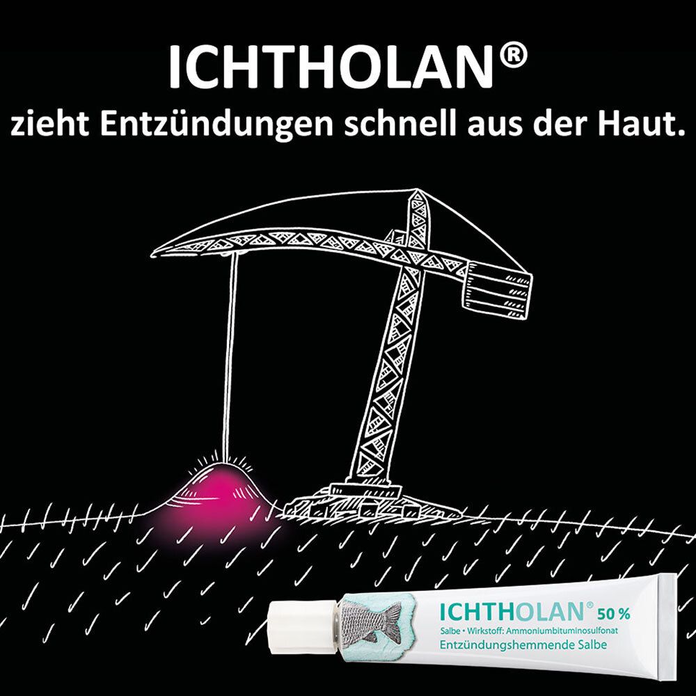 Schwarzer Hintergrund mit Zeichnung einer Hautentzündung und Kran. Text: Ichtholan zieht Entzündungen aus der Haut.