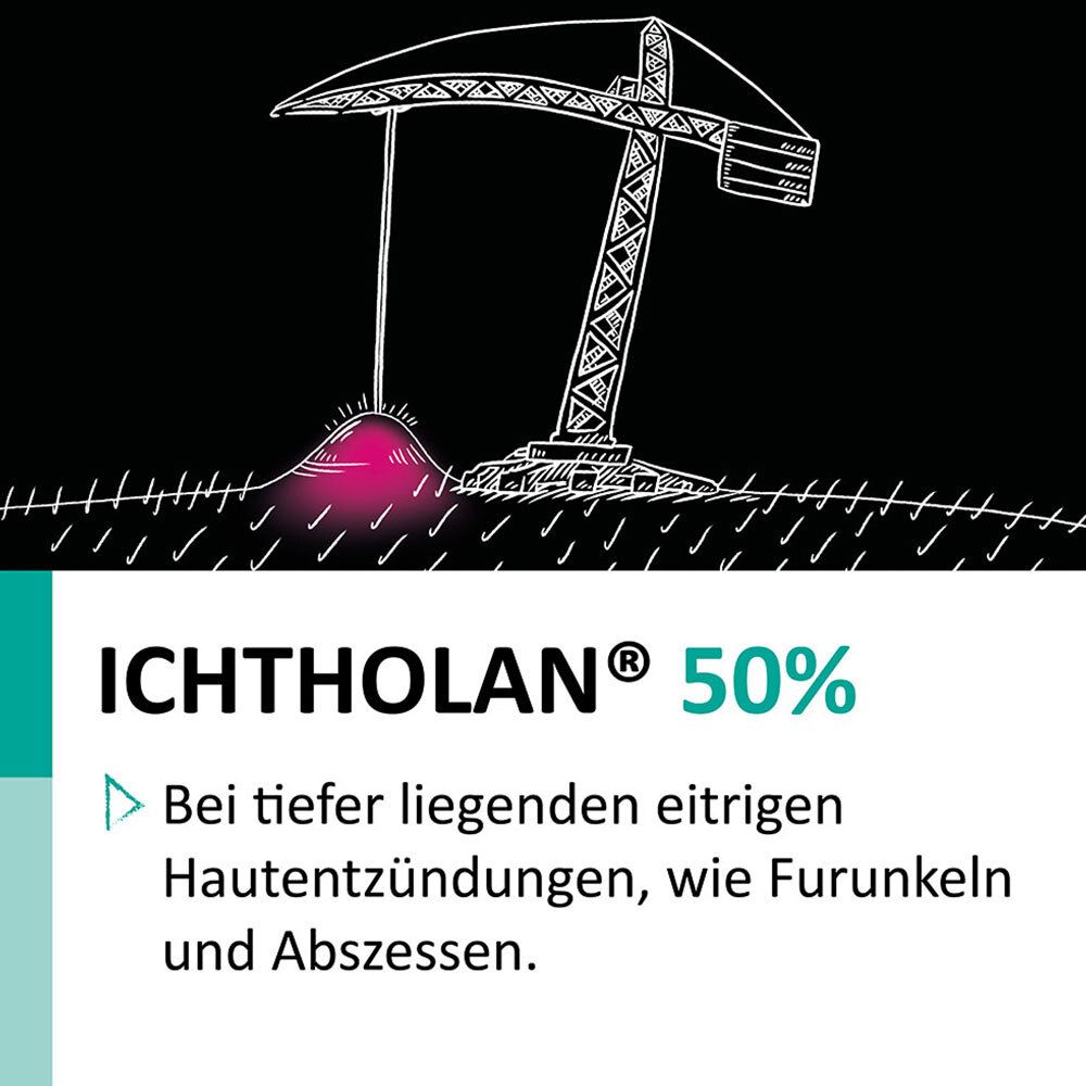 Schwarzer Hintergrund mit Zeichnung einer Hautentzündung und Kran. Text: Ichtholan 50%. Bei Furunkeln und Abszessen.