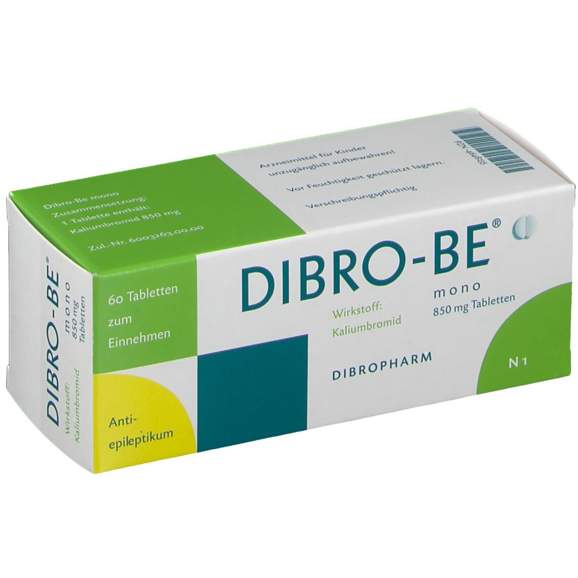 Schachtel mit Dibro-be mono Tabletten. Aufschrift: 60 Tabletten, Wirkstoff Kaliumbromid, 850 mg Tabletten. Grün-weiße Verpackung.
