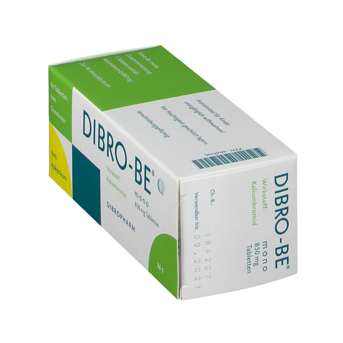 Schachtel Dibro-be mono Tabletten, schräg. Aufschrift: Kaliumbromid, 850 mg Tabletten. Grün-weiße Verpackung. Verfallsdatum 09.2021.