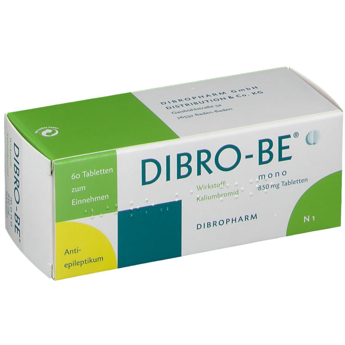 Schachtel mit Dibro-be mono Tabletten. Aufschrift: 60 Tabletten, Wirkstoff Kaliumbromid, 850 mg Tabletten. Grün-weiße Verpackung.