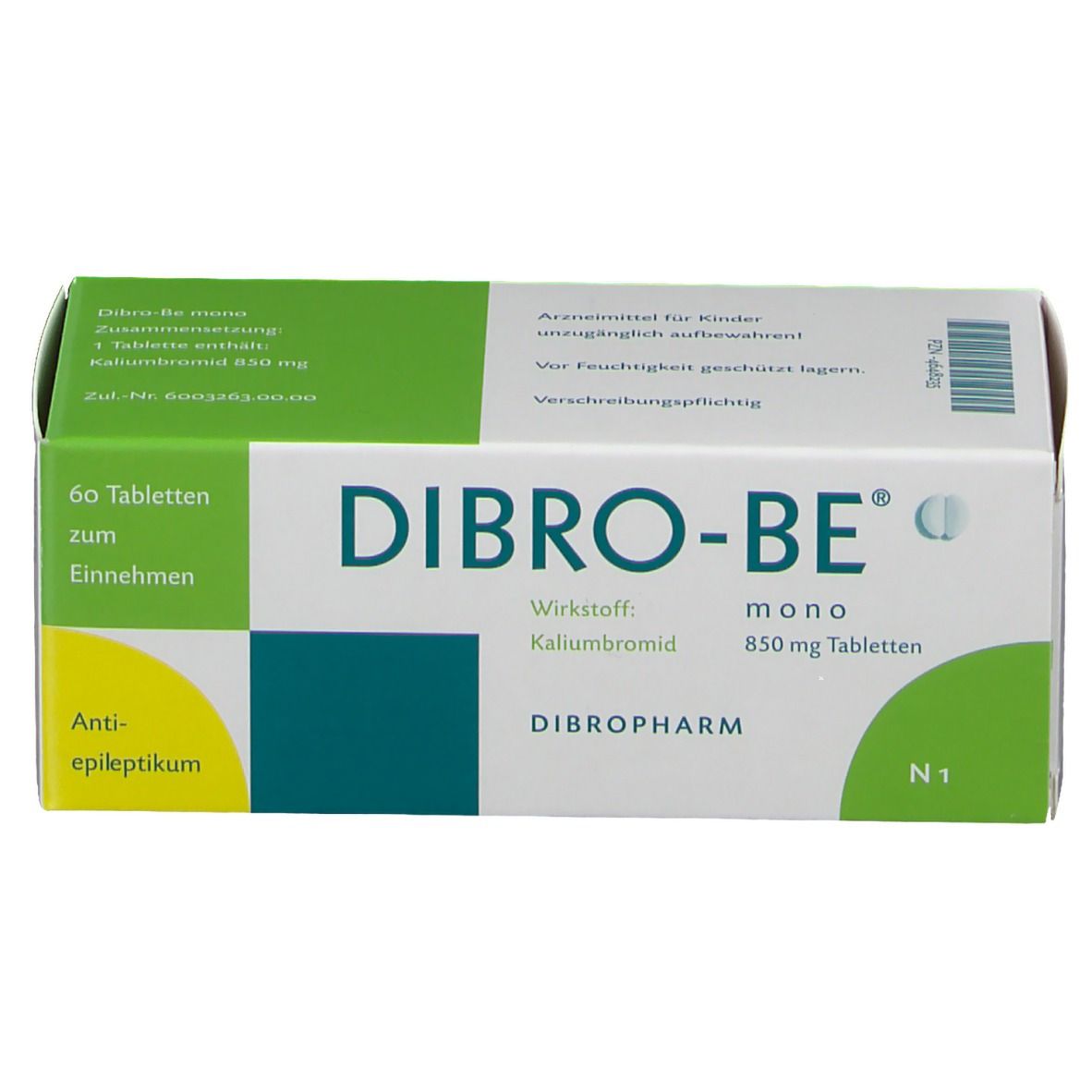 Schachtel mit Dibro-be mono Tabletten. Aufschrift: 60 Tabletten, Wirkstoff Kaliumbromid, 850 mg Tabletten. Grün-weiße Verpackung.