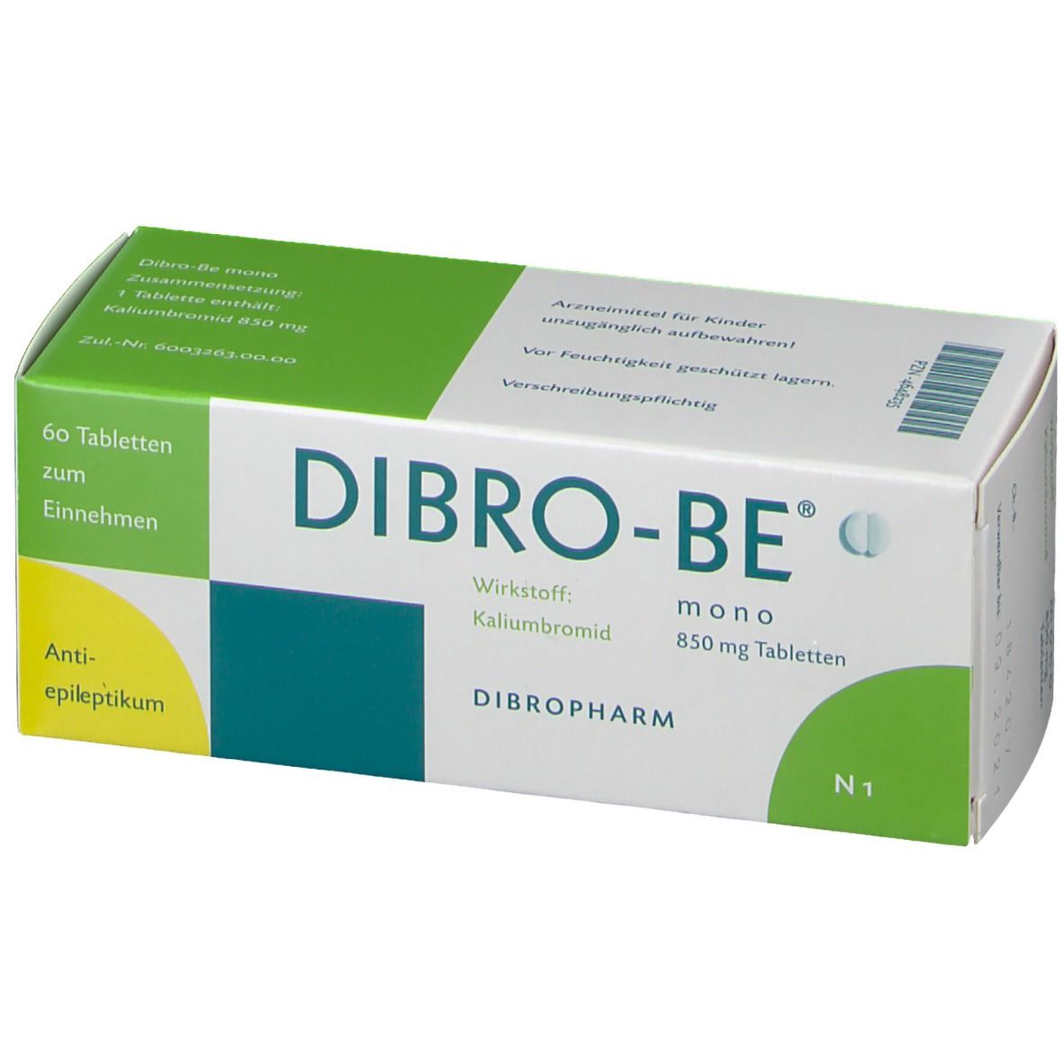 Schachtel mit Dibro-be mono Tabletten. Aufschrift: 60 Tabletten, Wirkstoff Kaliumbromid, 850 mg Tabletten. Grün-weiße Verpackung.