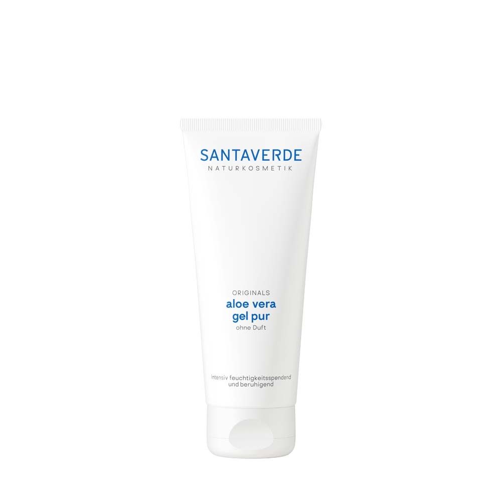 Weiße Tube mit SANTAVERDE-Logo und Aufschrift Aloe vera gel pur ohne Duft. Produkt für die Hautpflege.