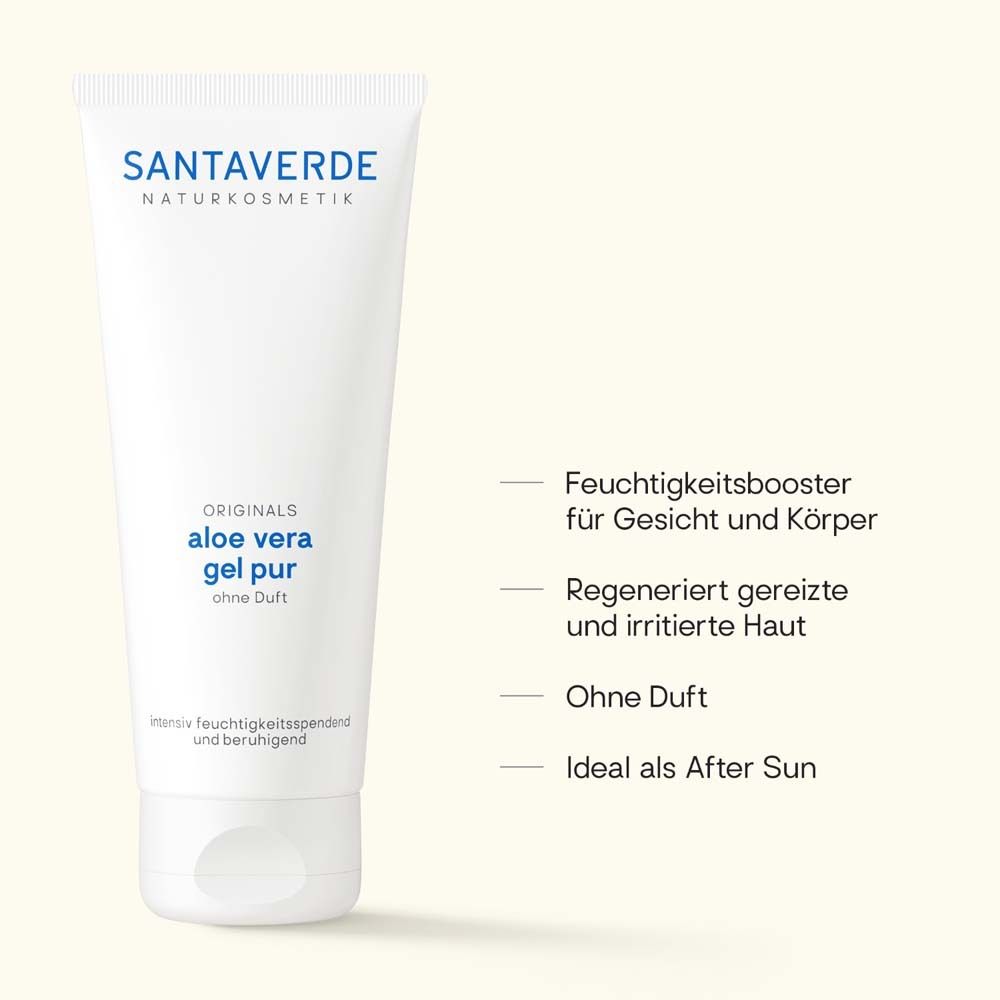 Weiße Tube mit SANTAVERDE-Logo und Aufschrift Aloe vera gel pur ohne Duft. Text: Feuchtigkeitsbooster, After Sun.