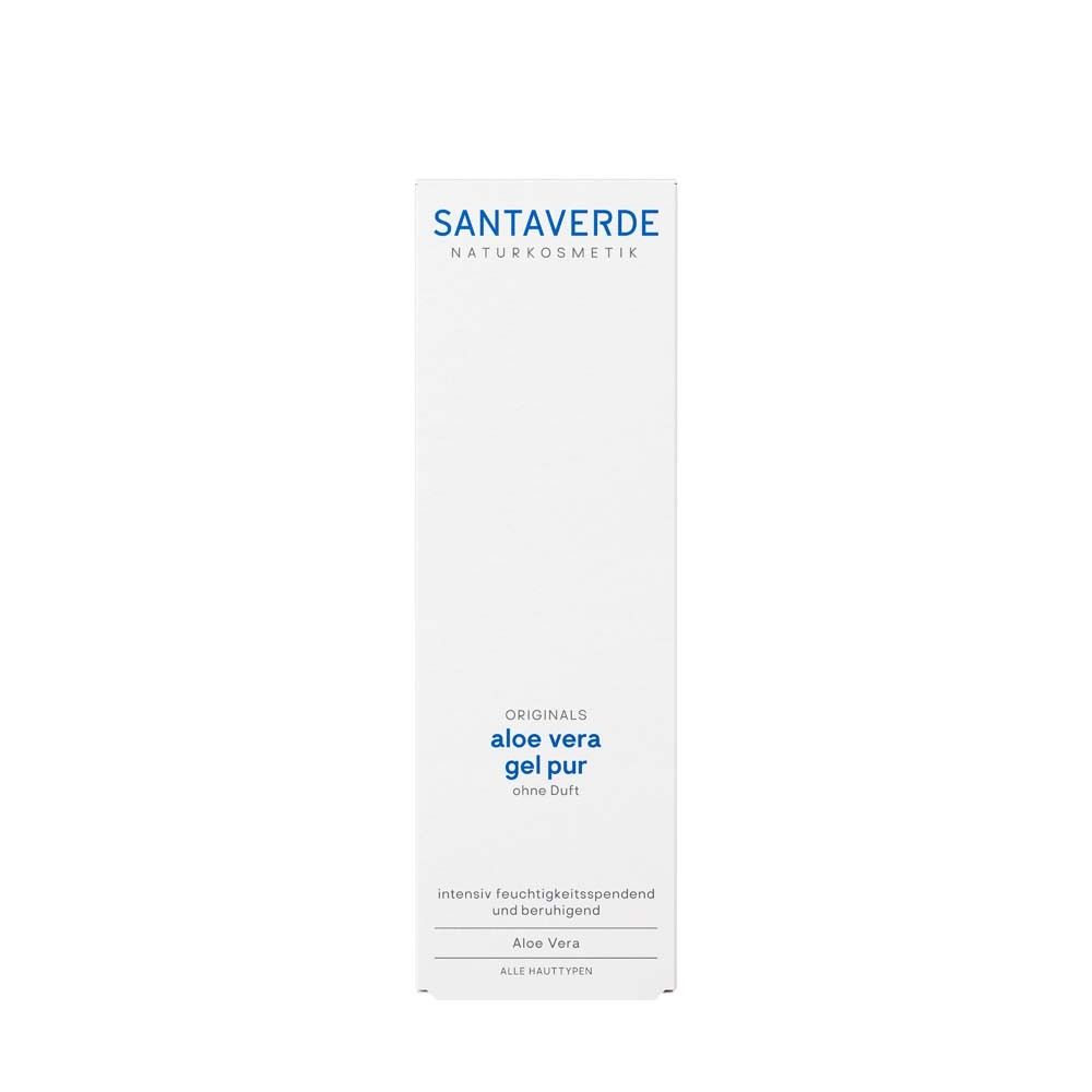 Weiße Verpackung mit SANTAVERDE-Logo und Aufschrift Aloe vera gel pur ohne Duft. Für alle Hauttypen.
